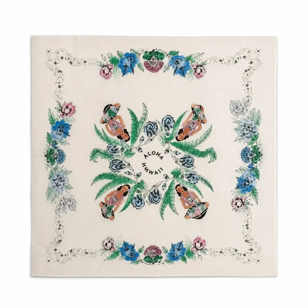Scarf Bandanna Aloha Hawaii souvenir square vintage 40's hula dancer floral - Picture 1 of 11